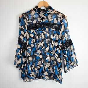 Anna Sui Blue Floral Sheer Chiffon Silk Bell Sleeve Blouse S NWT Whimsigoth Boho